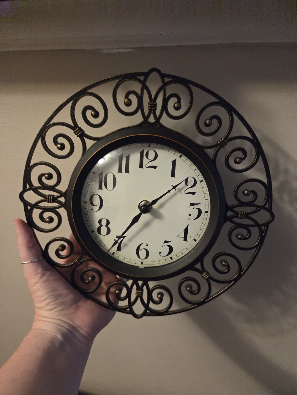 Wall Clock Lightweight Battery Operated Plastic Black & Bronze Faux Vintage Feel